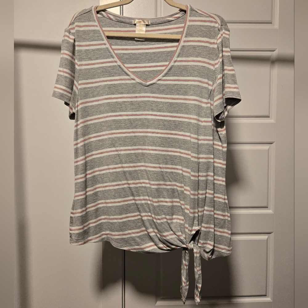 Matty M Gray and White Striped V-Neck Tie-Front Tee